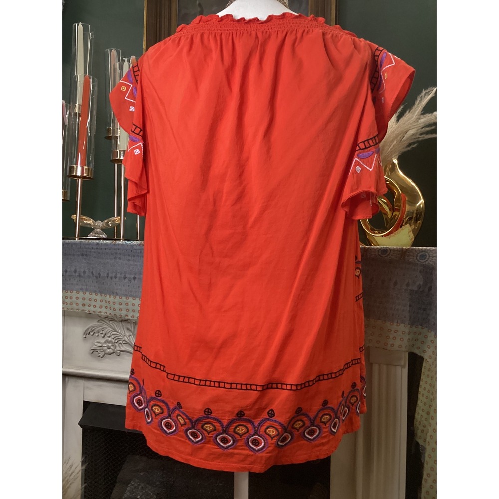 For The Republic Orange Embroidered Off Shoulder Flutter Sleeve Blouse Large - Picture 4 of 6
